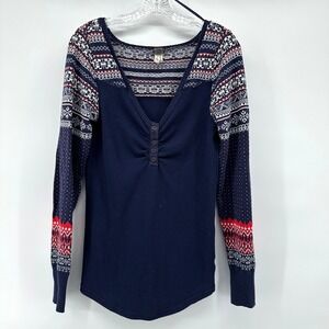 Free People We The Free Fair Isle Thermal Henley Top Large Boho Winter Cozy Gorp